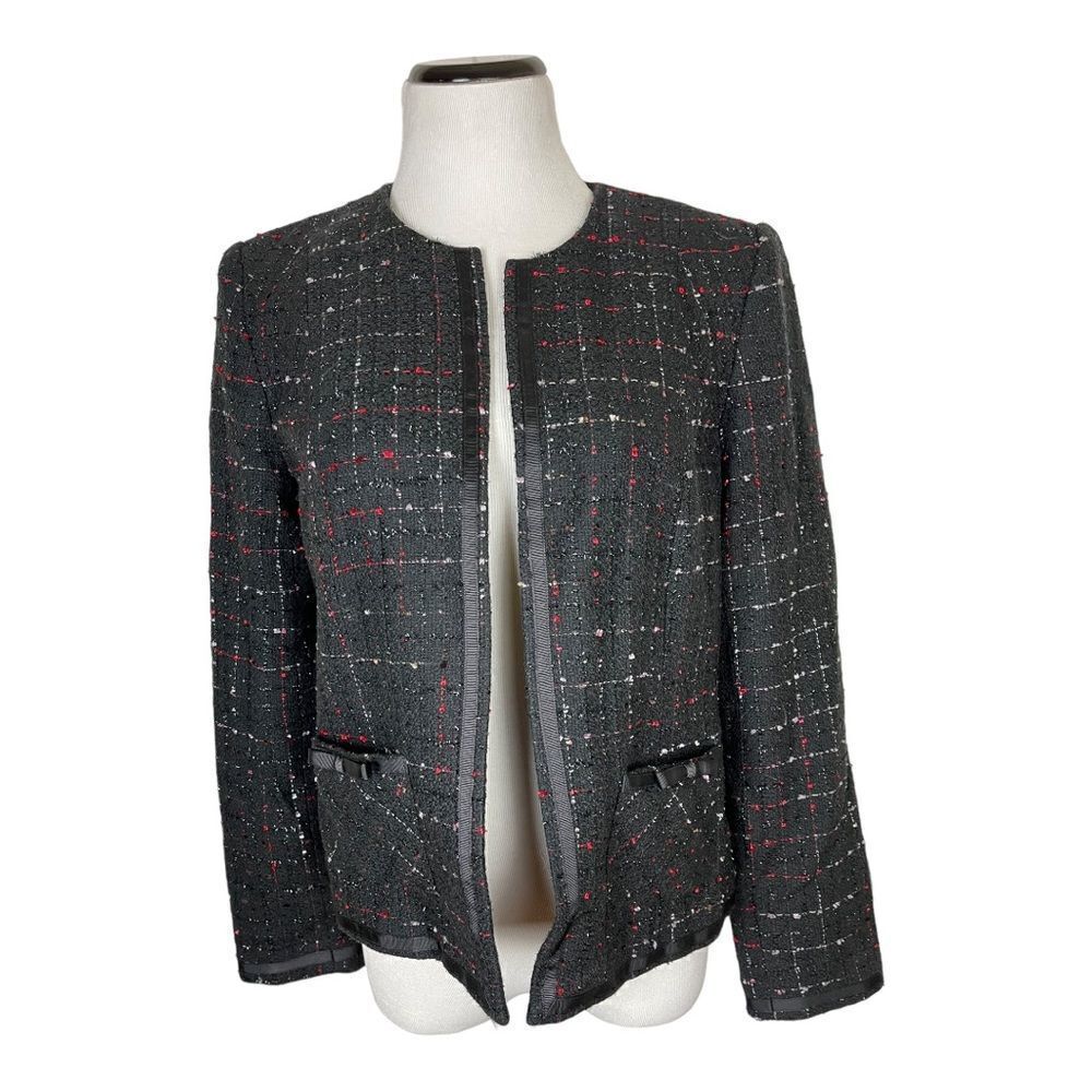 Hillard Hanson Sz 8 Open Front Black Metallic Plaid Blazer Lined Classic EUC